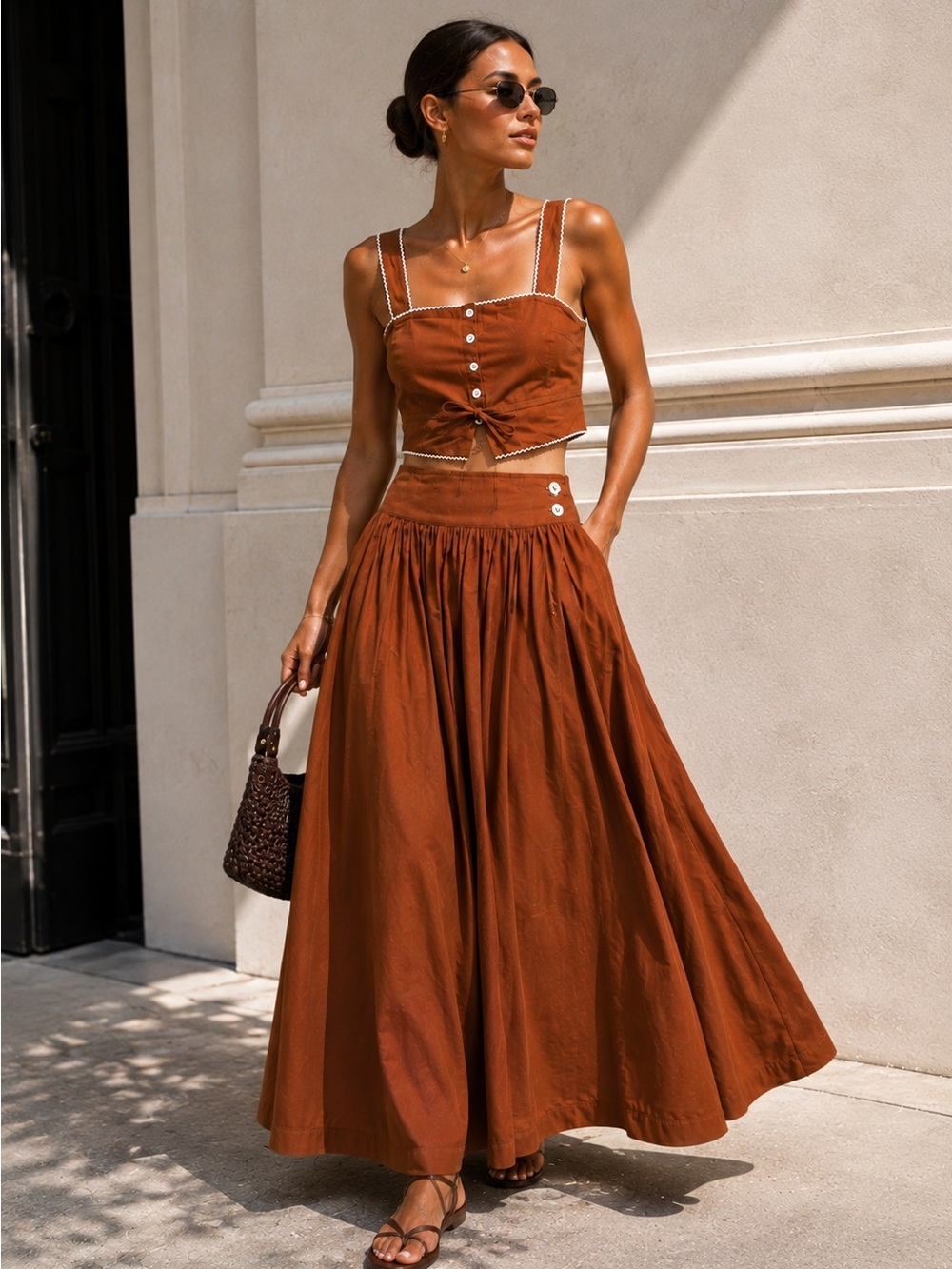 dRA Button Front Embroidered Crop Top & Maxi Skirt Set Brown S NWT
